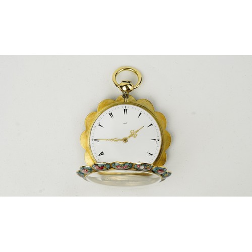 98 - BLONDEL & MELLY, GENEVA, A SCALLOP-SHAPED CYLINDER WATCH IN GOLD AND ENAMEL, FOR OTTOMAN MARKET, ARO... 