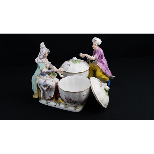 103 - A SET OF TWO DRESDEN PORCELAIN SULTANS AND LIDDED BOWLS
19TH CENTURY
EUROPE, DRESDEN, GERMANY  A pai... 