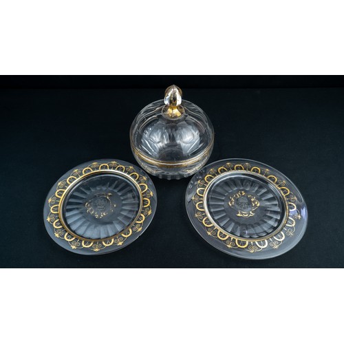 104 - A SET OF THREE BEYKOZ CRYSTALS
A PAIR OF FACETED GOLD GILTED CRYSTAL DESSERT PLATES
OTTOMAN
19TH CEN... 