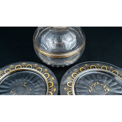 104 - A SET OF THREE BEYKOZ CRYSTALS
A PAIR OF FACETED GOLD GILTED CRYSTAL DESSERT PLATES
OTTOMAN
19TH CEN... 