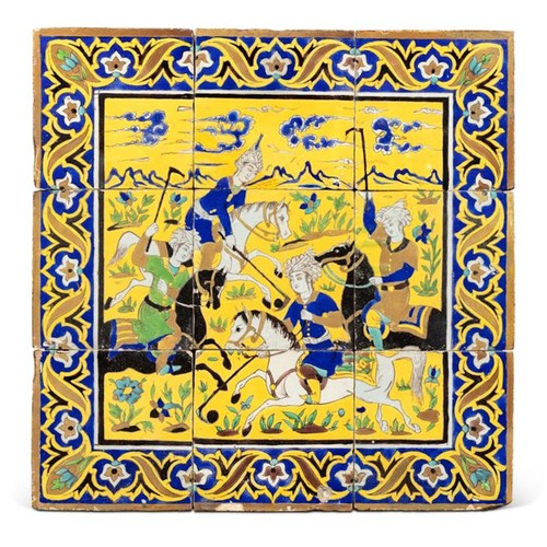 18 - A SAFAVID CUERDA SECA POTTERY TILE PANEL,
PERSIA
18TH CENTURY   Composed of nine tiles forming a sce... 