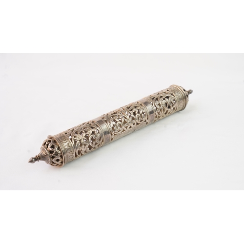 56 - A SILVER DOCUMENT HOLDER, 19TH CENTURY  Of cylindrical form, the body decorated with scrolling open ... 