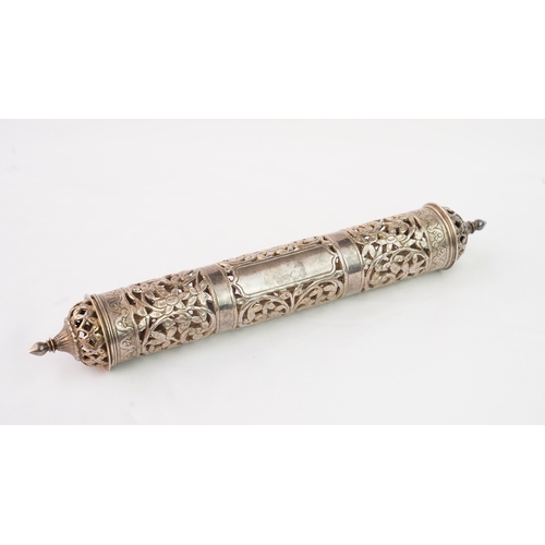 56 - A SILVER DOCUMENT HOLDER, 19TH CENTURY  Of cylindrical form, the body decorated with scrolling open ... 