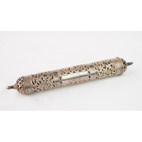 56 - A SILVER DOCUMENT HOLDER, 19TH CENTURY  Of cylindrical form, the body decorated with scrolling open ... 