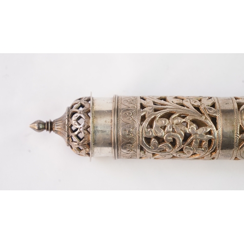 56 - A SILVER DOCUMENT HOLDER, 19TH CENTURY  Of cylindrical form, the body decorated with scrolling open ... 