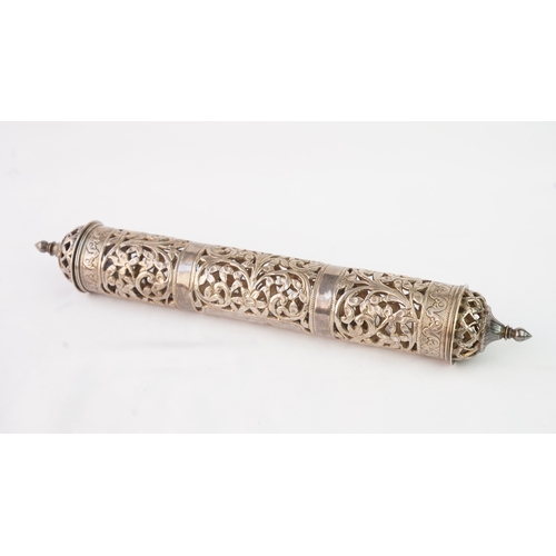 56 - A SILVER DOCUMENT HOLDER, 19TH CENTURY  Of cylindrical form, the body decorated with scrolling open ... 