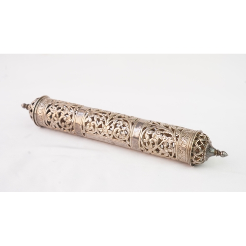 56 - A SILVER DOCUMENT HOLDER, 19TH CENTURY  Of cylindrical form, the body decorated with scrolling open ... 