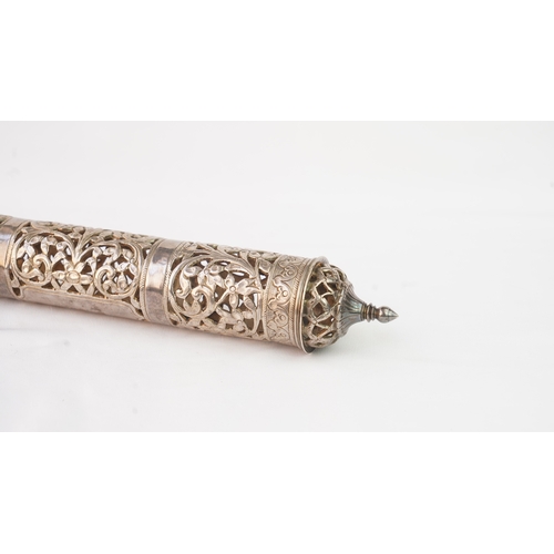 56 - A SILVER DOCUMENT HOLDER, 19TH CENTURY  Of cylindrical form, the body decorated with scrolling open ... 