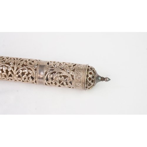 56 - A SILVER DOCUMENT HOLDER, 19TH CENTURY  Of cylindrical form, the body decorated with scrolling open ... 