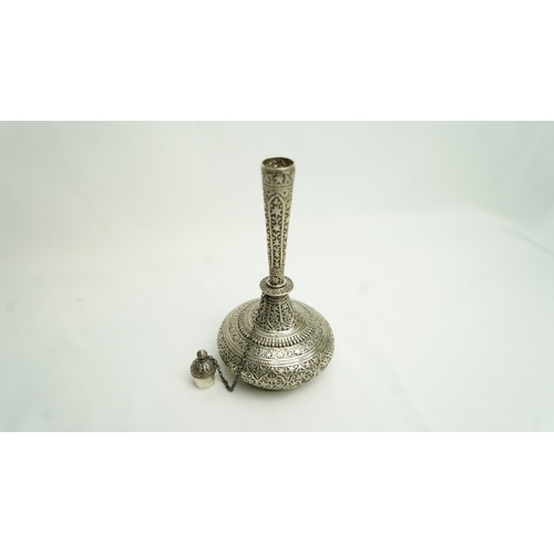 65 - AN INDIAN SILVER SURAHI WATER FLASK, 20TH CENTURY, INDIA
Of typical bulbous shape, resting on a gent... 