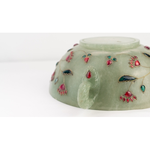 99 - A MUGHAL STYLE GREEN JADE BOWL, 18TH CENTURY, INDIA
Of deep rounded form supported by a short circul... 