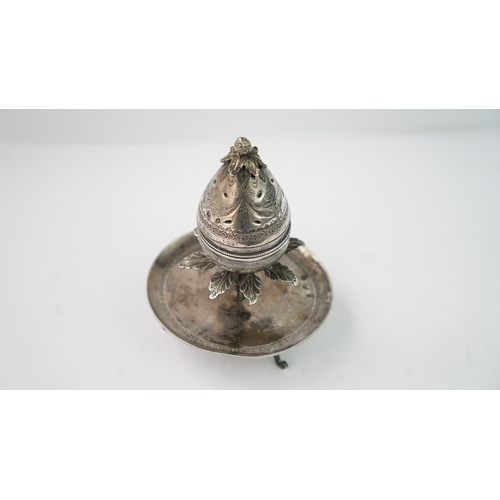 13 - A SILVER INCENSE BURNER Of pear-shape form with a fluted surface, the top of burner with a perforate... 