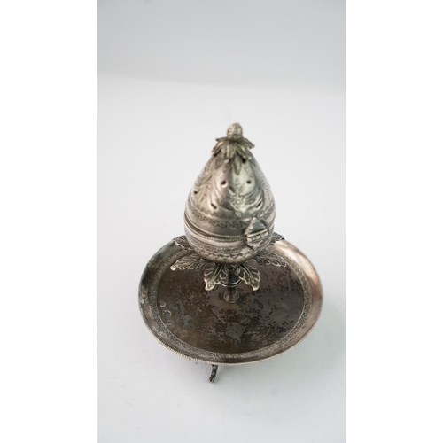 13 - A SILVER INCENSE BURNER Of pear-shape form with a fluted surface, the top of burner with a perforate... 