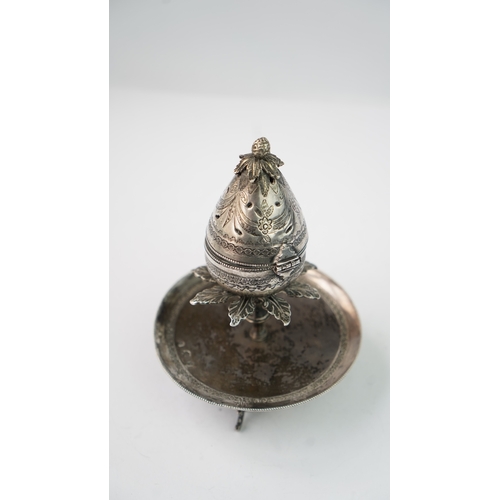 13 - A SILVER INCENSE BURNER Of pear-shape form with a fluted surface, the top of burner with a perforate... 