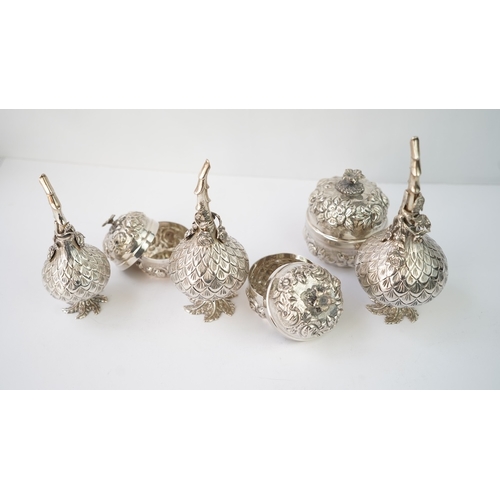 21 - A SET OF SIX SILVER  ORNAMENTS

THREE SILVER ROSE WATER SPRINKLER

Of globular form, rising to a nar... 