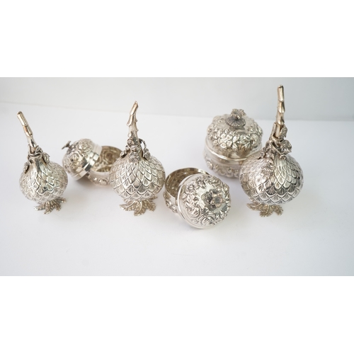 21 - A SET OF SIX SILVER  ORNAMENTS

THREE SILVER ROSE WATER SPRINKLER

Of globular form, rising to a nar... 