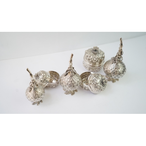 21 - A SET OF SIX SILVER  ORNAMENTS

THREE SILVER ROSE WATER SPRINKLER

Of globular form, rising to a nar... 