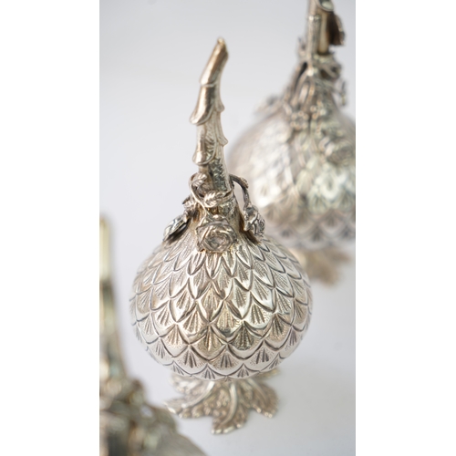 21 - A SET OF SIX SILVER  ORNAMENTS

THREE SILVER ROSE WATER SPRINKLER

Of globular form, rising to a nar... 