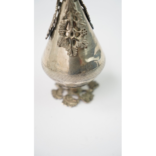 22 - A 19th CENTURY OTTOMAN SILVER ROSE WATER SPRINKLER, OTTOMAN EMPIRE Of pear-shaped body, resting on a... 