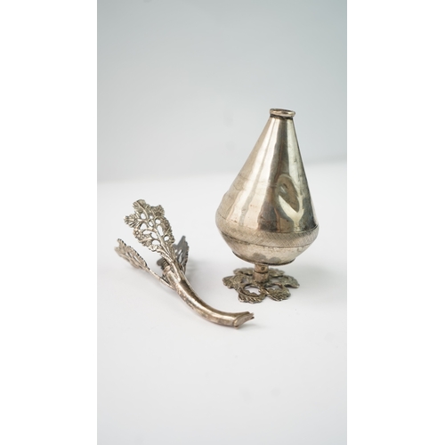 22 - A 19th CENTURY OTTOMAN SILVER ROSE WATER SPRINKLER, OTTOMAN EMPIRE Of pear-shaped body, resting on a... 