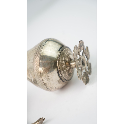 22 - A 19th CENTURY OTTOMAN SILVER ROSE WATER SPRINKLER, OTTOMAN EMPIRE Of pear-shaped body, resting on a... 