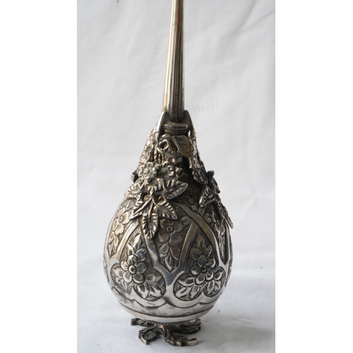 25 - AN OTTOMAN SILVER ROSE SPRINKLER, Of Pear-shaped body with repoussé of flowers in trellis, applied s... 