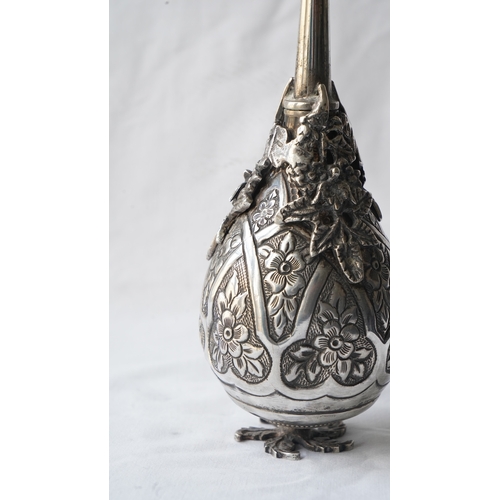 25 - AN OTTOMAN SILVER ROSE SPRINKLER, Of Pear-shaped body with repoussé of flowers in trellis, applied s... 