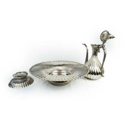 26 - THREE PIECE SILVER EWER WITH A BASIN SET, OTTOMAN, 19TH CENTURY Of pyriform shape, the fluted ewer w... 