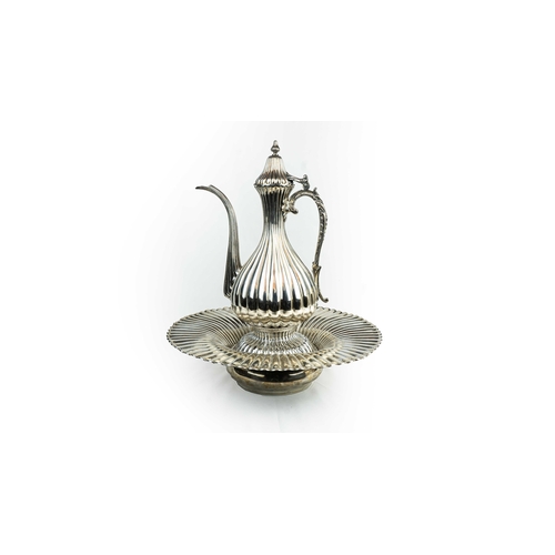 26 - THREE PIECE SILVER EWER WITH A BASIN SET, OTTOMAN, 19TH CENTURY Of pyriform shape, the fluted ewer w... 