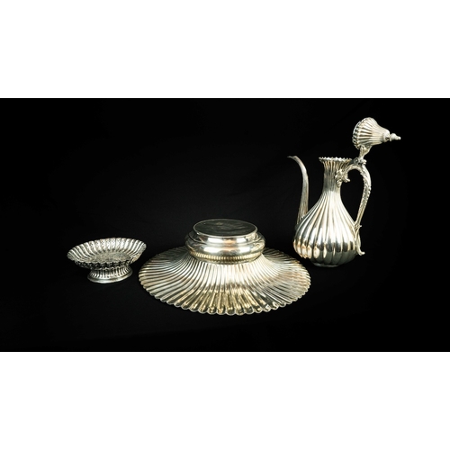 26 - THREE PIECE SILVER EWER WITH A BASIN SET, OTTOMAN, 19TH CENTURY Of pyriform shape, the fluted ewer w... 