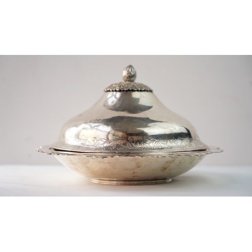 28 - AN OTTOMAN SILVER BOWL WITH A LID, SAHAN, OTTOMAN EMPIRE Of compressed rounded shape, resting on a s... 