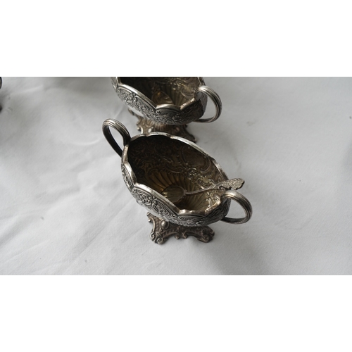 32 - A SET OF FOUR SILVER SUGAR OR SPICE BOWLS WITH SPOONS AND A SILVER INTENSE BURNER OR CANDLE LANTERN,... 