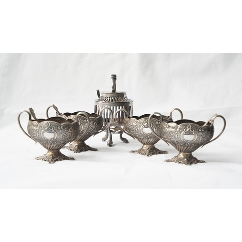 32 - A SET OF FOUR SILVER SUGAR OR SPICE BOWLS WITH SPOONS AND A SILVER INTENSE BURNER OR CANDLE LANTERN,... 