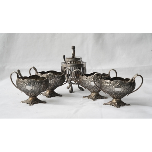 32 - A SET OF FOUR SILVER SUGAR OR SPICE BOWLS WITH SPOONS AND A SILVER INTENSE BURNER OR CANDLE LANTERN,... 