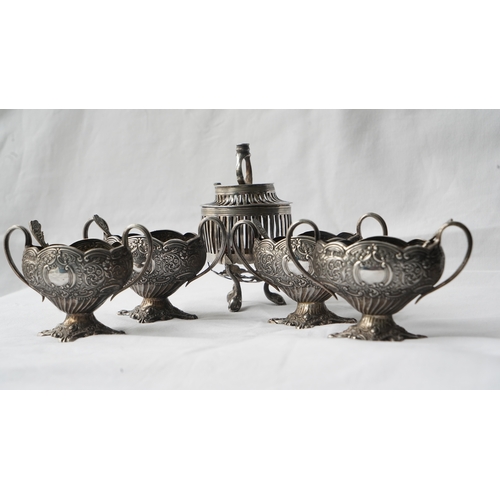 32 - A SET OF FOUR SILVER SUGAR OR SPICE BOWLS WITH SPOONS AND A SILVER INTENSE BURNER OR CANDLE LANTERN,... 