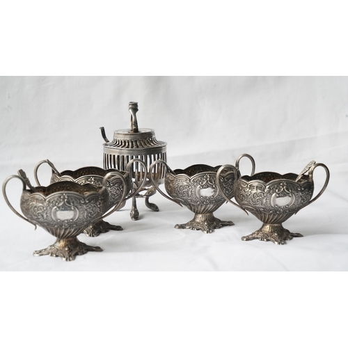 32 - A SET OF FOUR SILVER SUGAR OR SPICE BOWLS WITH SPOONS AND A SILVER INTENSE BURNER OR CANDLE LANTERN,... 