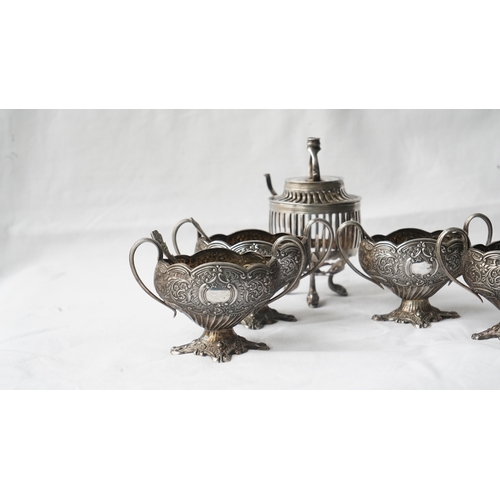 32 - A SET OF FOUR SILVER SUGAR OR SPICE BOWLS WITH SPOONS AND A SILVER INTENSE BURNER OR CANDLE LANTERN,... 