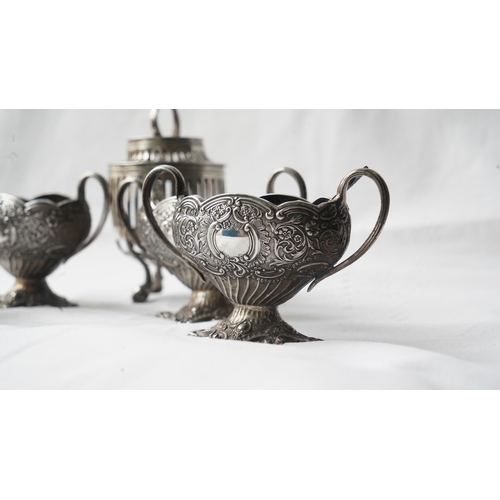 32 - A SET OF FOUR SILVER SUGAR OR SPICE BOWLS WITH SPOONS AND A SILVER INTENSE BURNER OR CANDLE LANTERN,... 