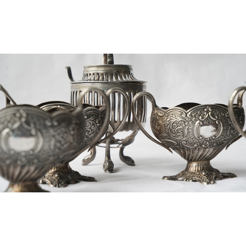 32 - A SET OF FOUR SILVER SUGAR OR SPICE BOWLS WITH SPOONS AND A SILVER INTENSE BURNER OR CANDLE LANTERN,... 