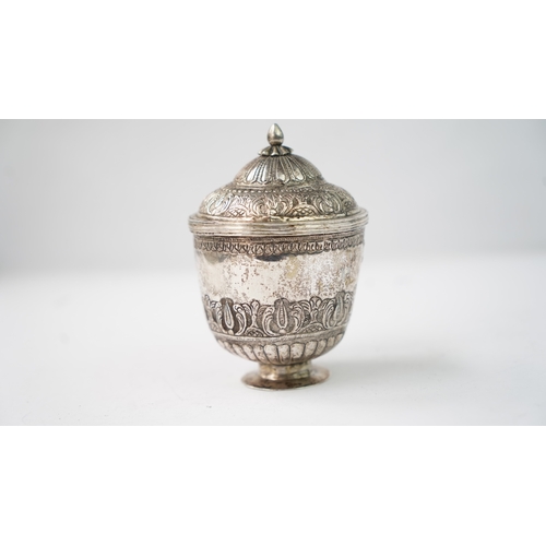 8 - A SILVER SUGAR BOWL Of cylindrical form, resting on a short circular foot, the lower section with em... 