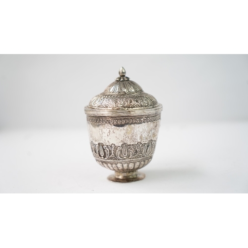 8 - A SILVER SUGAR BOWL Of cylindrical form, resting on a short circular foot, the lower section with em... 