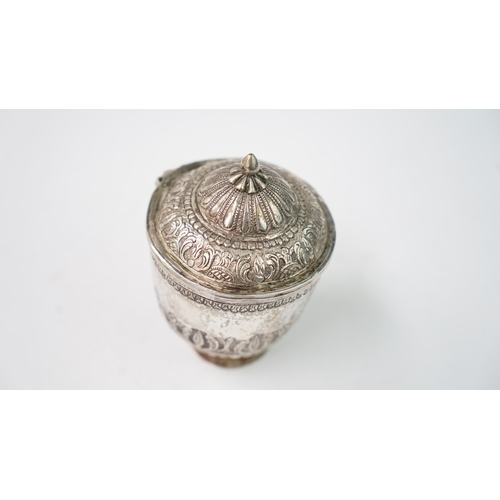 8 - A SILVER SUGAR BOWL Of cylindrical form, resting on a short circular foot, the lower section with em... 