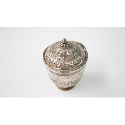 8 - A SILVER SUGAR BOWL Of cylindrical form, resting on a short circular foot, the lower section with em... 