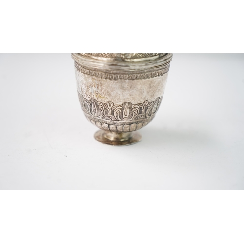 8 - A SILVER SUGAR BOWL Of cylindrical form, resting on a short circular foot, the lower section with em... 