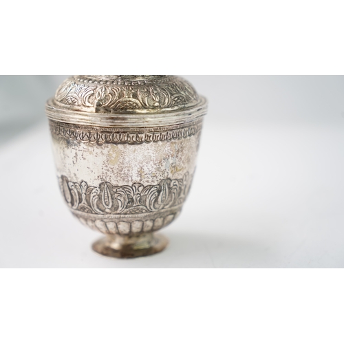 8 - A SILVER SUGAR BOWL Of cylindrical form, resting on a short circular foot, the lower section with em... 