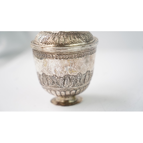 8 - A SILVER SUGAR BOWL Of cylindrical form, resting on a short circular foot, the lower section with em... 