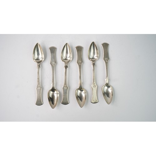 62 - SIX SILVER SPOONS, OTTOMAN, 19TH CENTURY.   Of typical form, dessert spoons, tughra and sah marks,