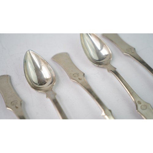 62 - SIX SILVER SPOONS, OTTOMAN, 19TH CENTURY.   Of typical form, dessert spoons, tughra and sah marks,