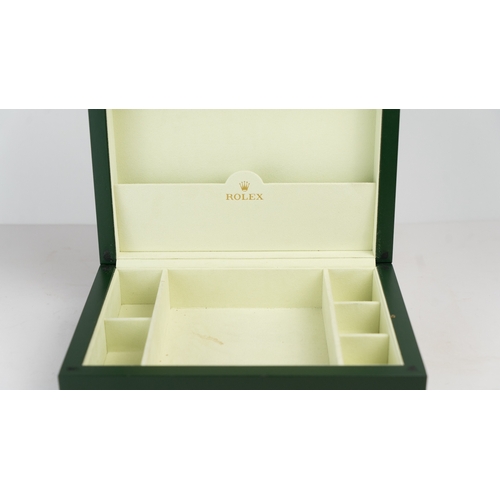 22 - ROLEX GREEN OYSTER WATCH AND JEWELLERY BOX, GENEVE SUISSE, 33.00.71 Of elegant rectangular form, the... 