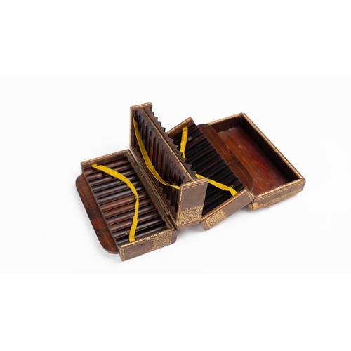 37 - A WOODEN STATIONERY AND CIGARETTE BOX, EUROPE 
Of bombé rectangular form, the hinged sloping cover w... 